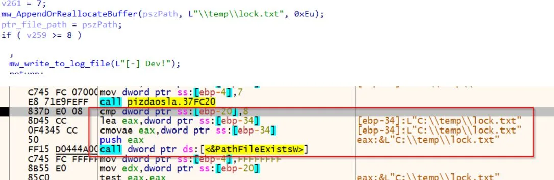 Check for C:\temp\lock.txt, which makes the malware halt as if in a dev environment