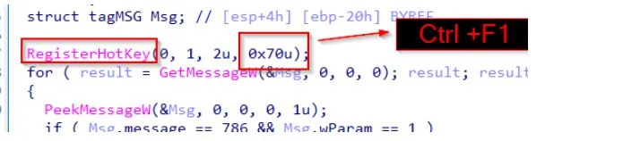 Registration of the Ctrl+F1 hotkey that displays the ransomware's status log