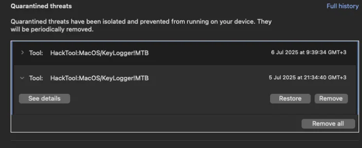 Microsoft Defender detection of the malicious npm package
